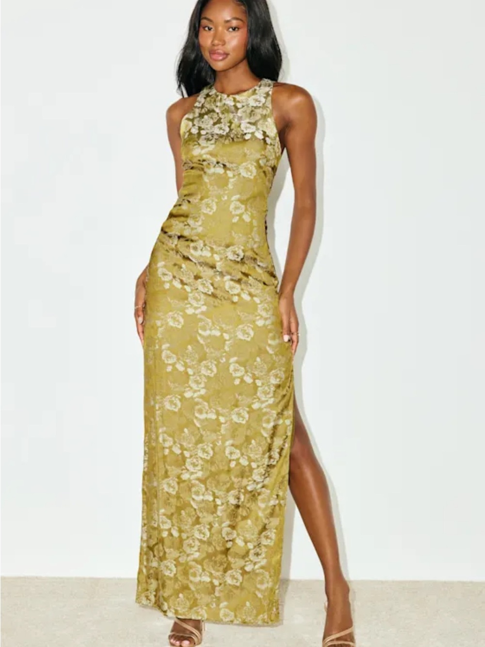 Lulu's Chartreuse Floral Halter Satin Maxi Dress